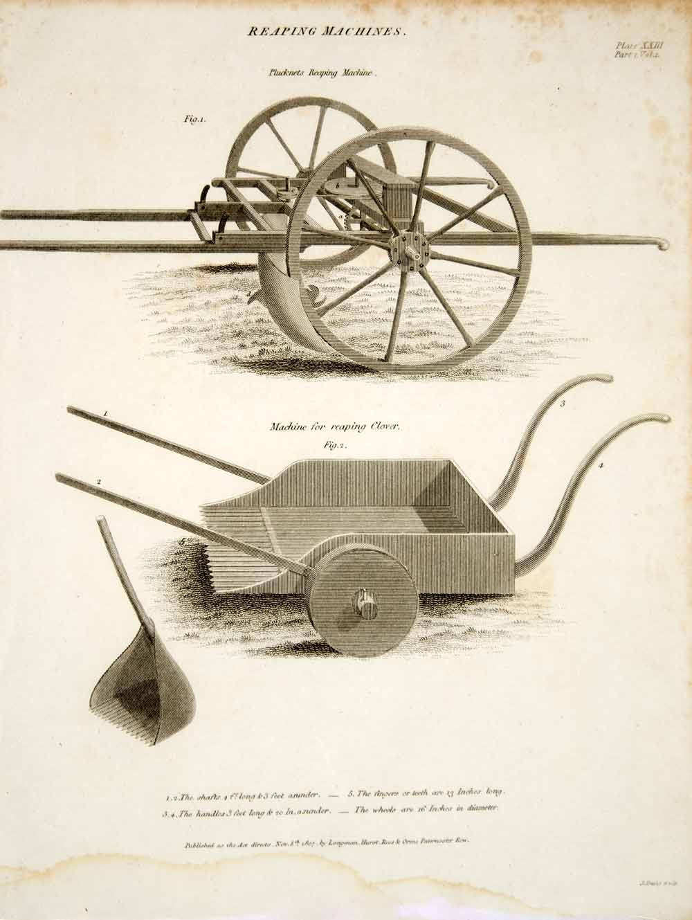 1807 Copper Engraving Plucknett's Clover Reaping Farm Machinery Agriculture TCF2