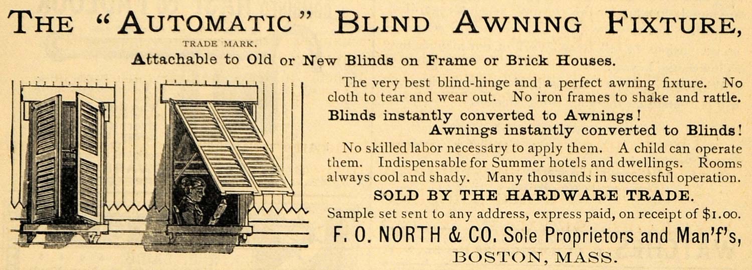 1885 Ad Automatic Blind Awning F. O. North Boston Mass - ORIGINAL TCM1