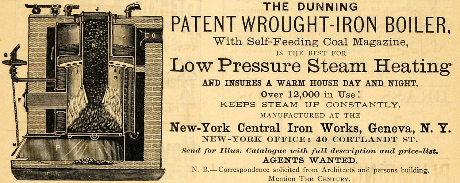1885 Ad Dunning Wrought-Iron Boiler Low Pressure Steam - ORIGINAL TCM1