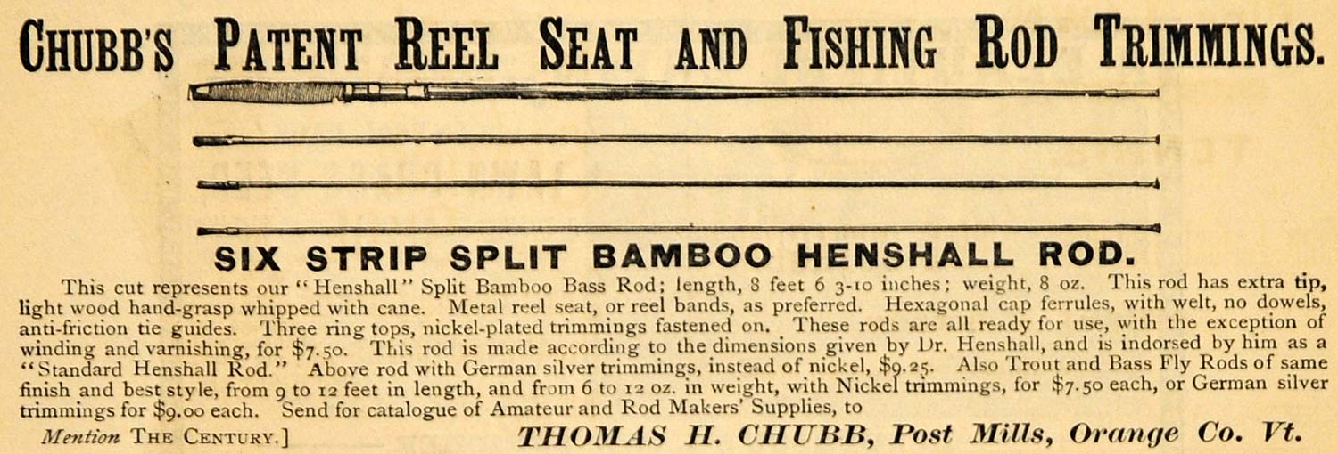 1885 Ad Thomas H. Chubb Fishing Rod Trimmings Henshall - ORIGINAL TCM1