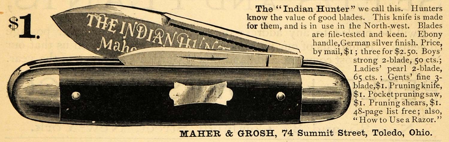 1885 Ad Maher Grosh Indian Hunter Knife Blade Pricing - ORIGINAL TCM1
