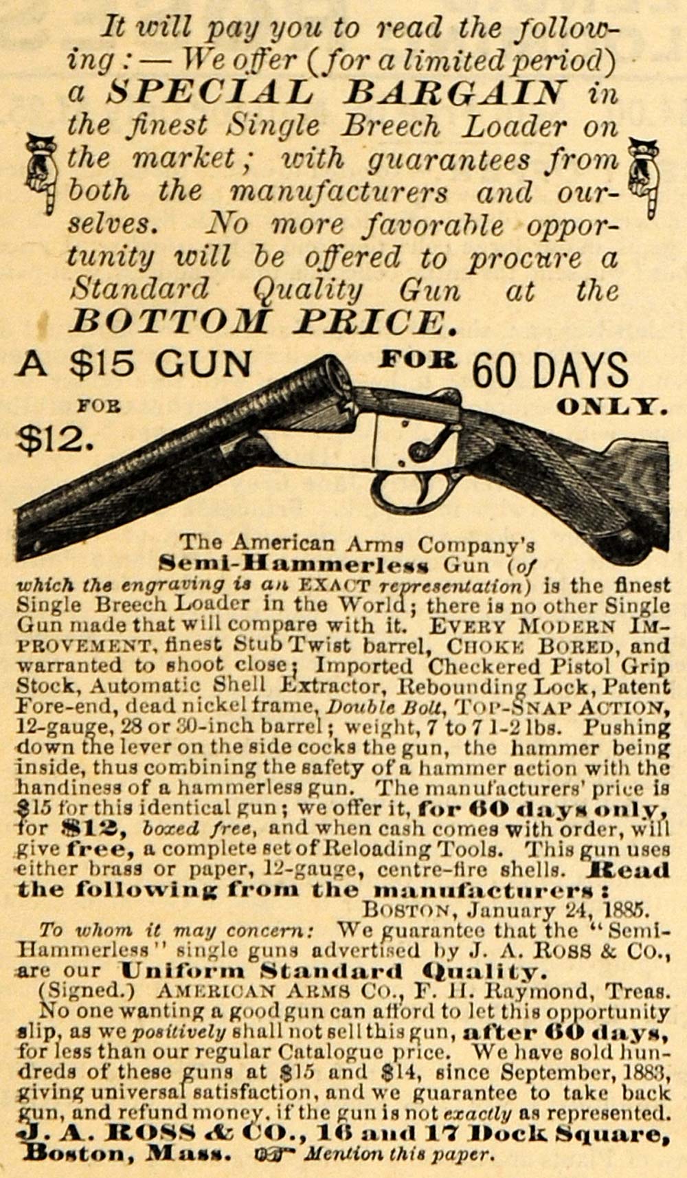 1885 Ad Ross Semi-Hammerless Single Breech Loader Gun - ORIGINAL TCM1