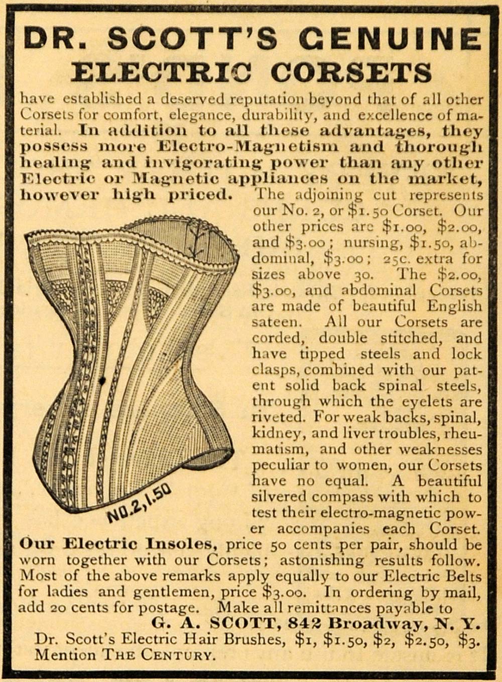 1885 Ad Dr. G.A. Scott's Genuine Electric Corsets NY - ORIGINAL ADVERTISING TCM1