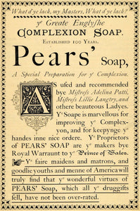 1885 Ad Pears' Complexion Facial Soap Adelina Patti - ORIGINAL ADVERTISING TCM1
