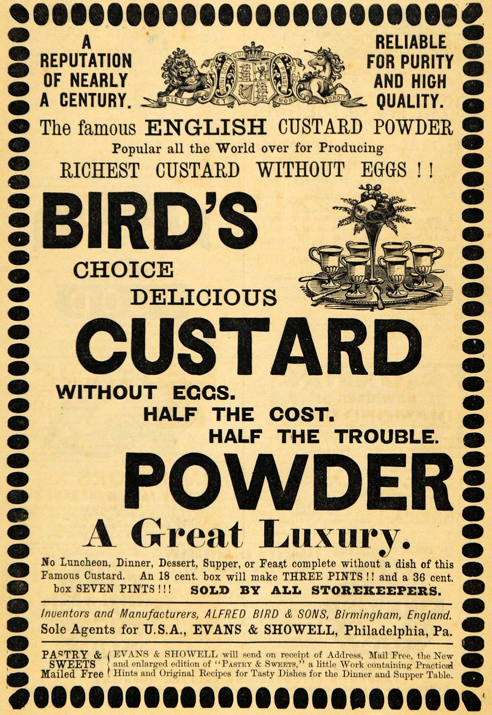 1885 Ad Bird's No Eggs Custard Powder Evans Showell - ORIGINAL ADVERTISING TCM1