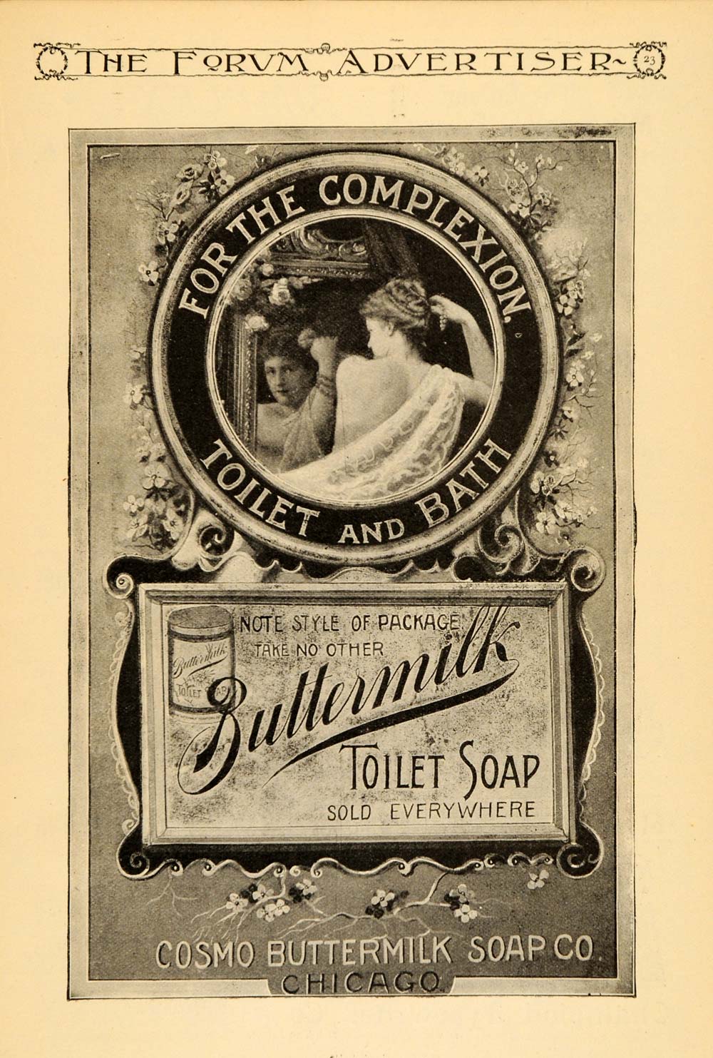 1895 Ad Cosmo Buttermilk Bath Soap Woman Mirror Flowers - ORIGINAL TFO1