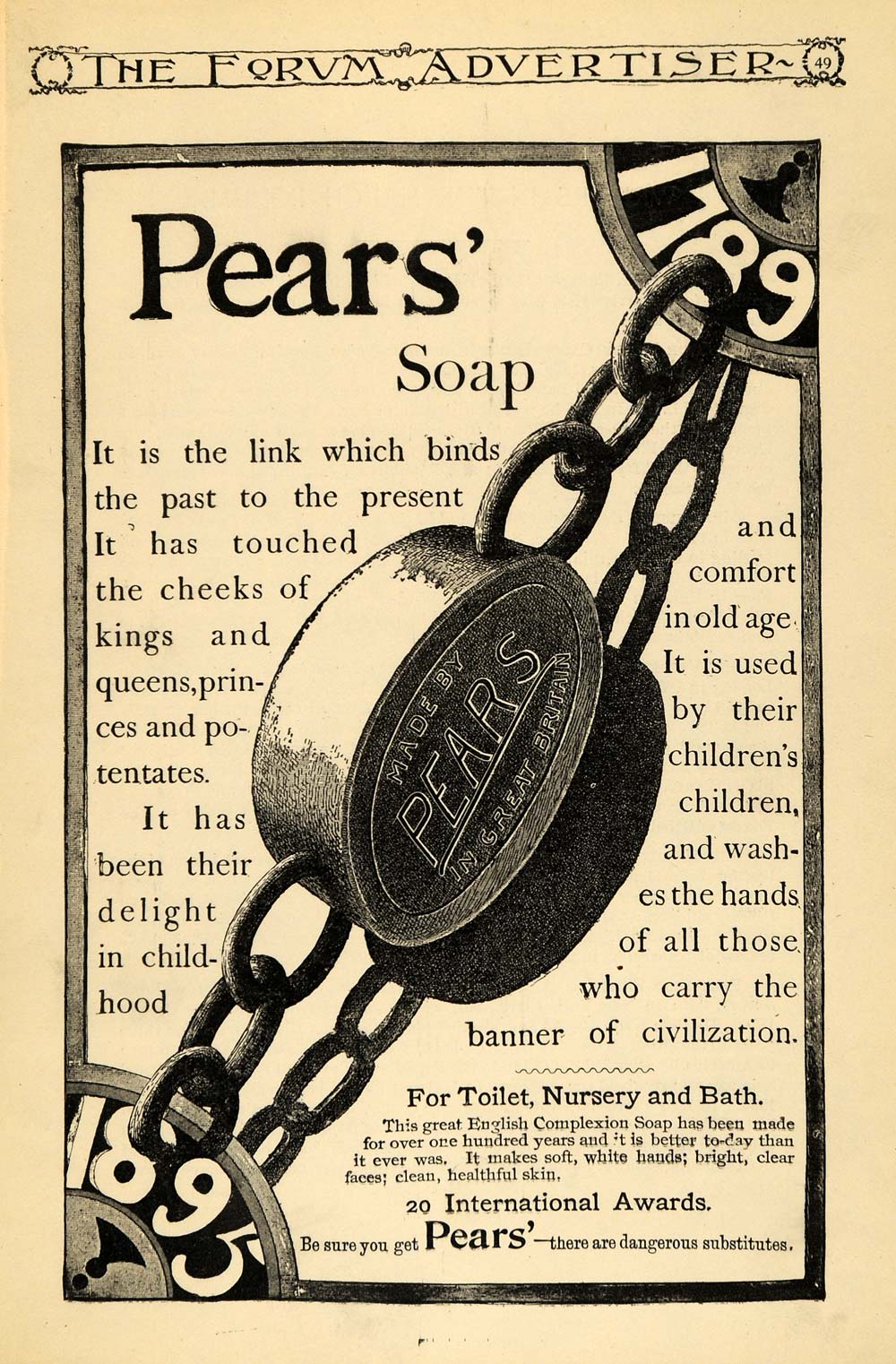 1895 Ad Pears' English Complexion Bath Soap Chain Links - ORIGINAL TFO1