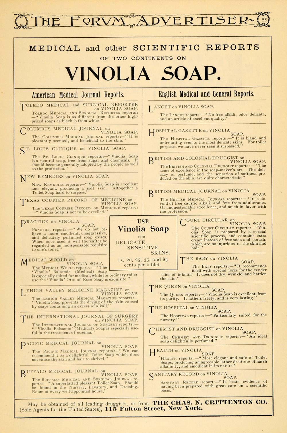 1895 Ad Chas N Crittenton Vinolia Soap Medical Journals - ORIGINAL TFO1