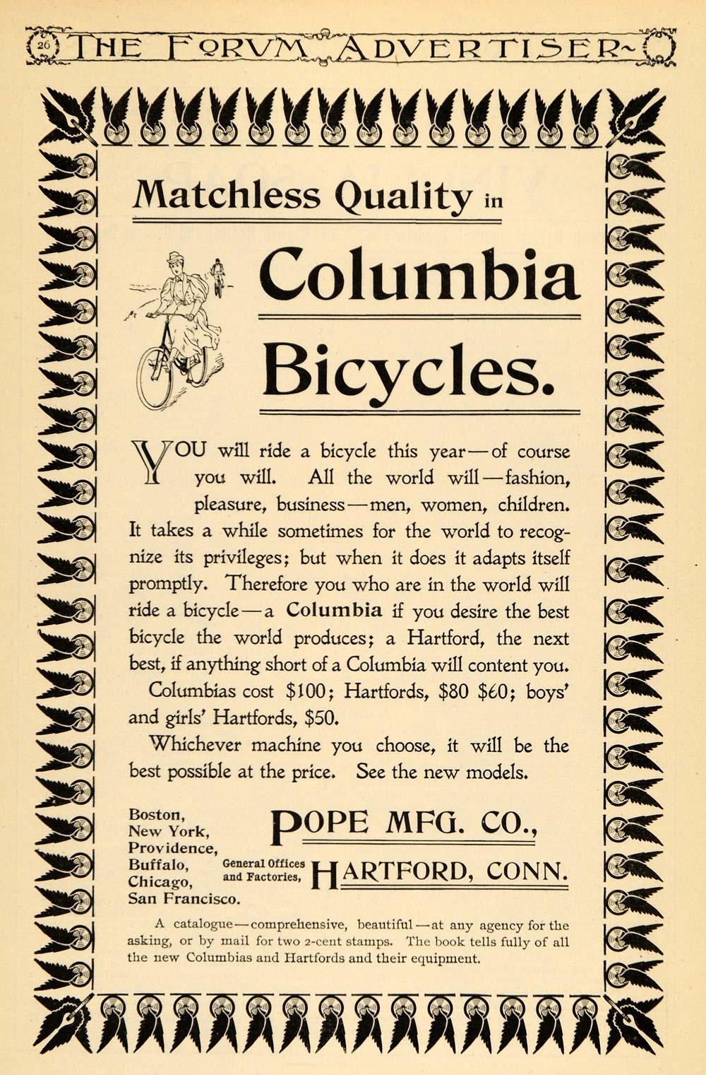 1895 Ad Pope Manufacturing Columbia Hartford Bicycles - ORIGINAL TFO1