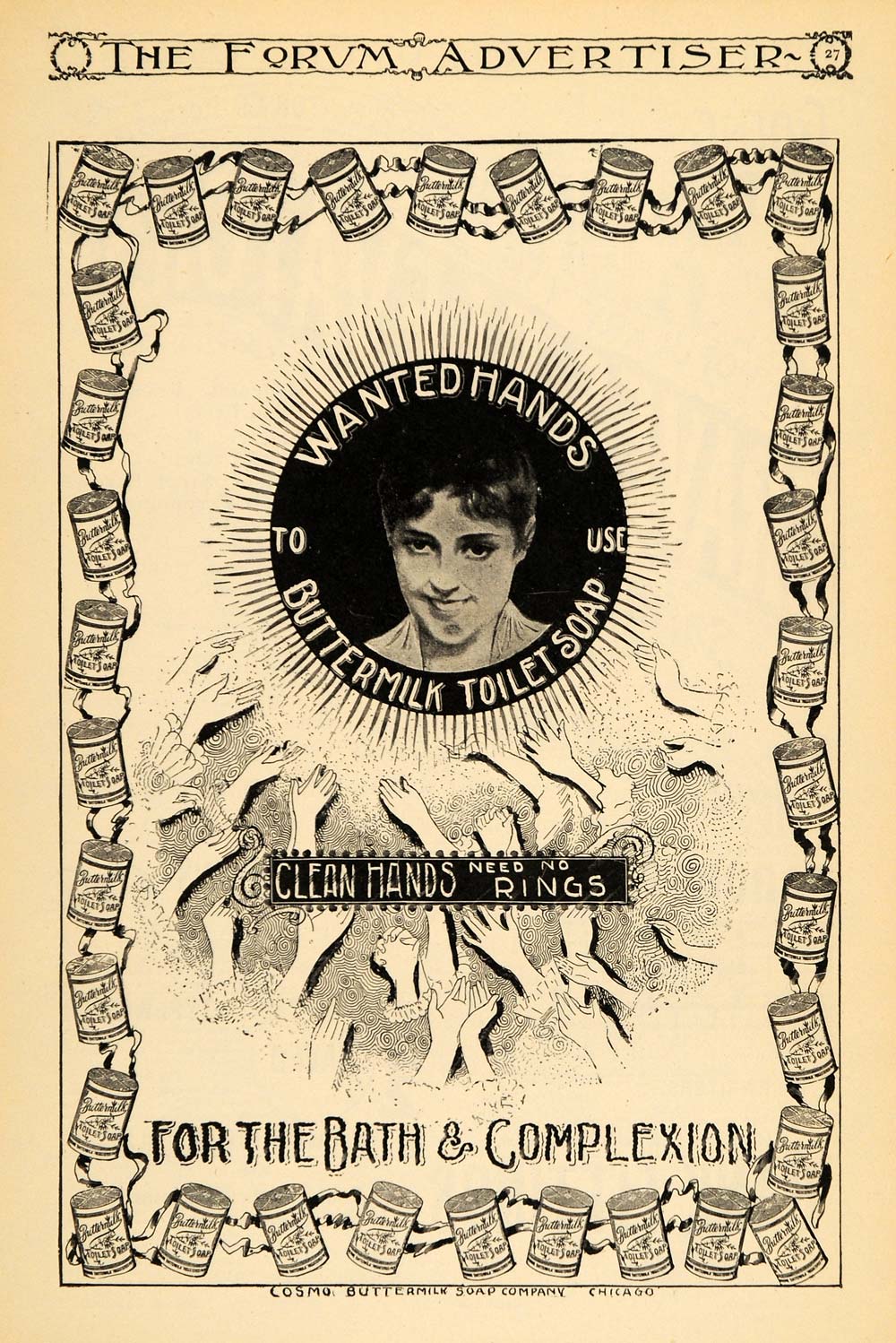 1895 Ad Cosmo Buttermilk Toilet Face Soap Clean Hands - ORIGINAL TFO1