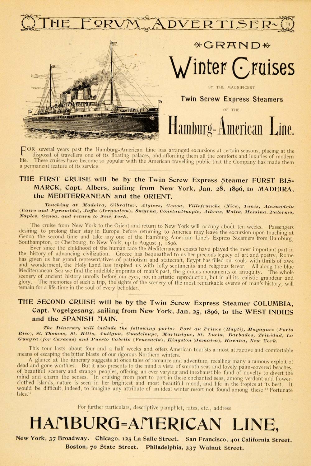 1895 Ad Hamburg-American Steamship Line Winter Cruises - ORIGINAL TFO1