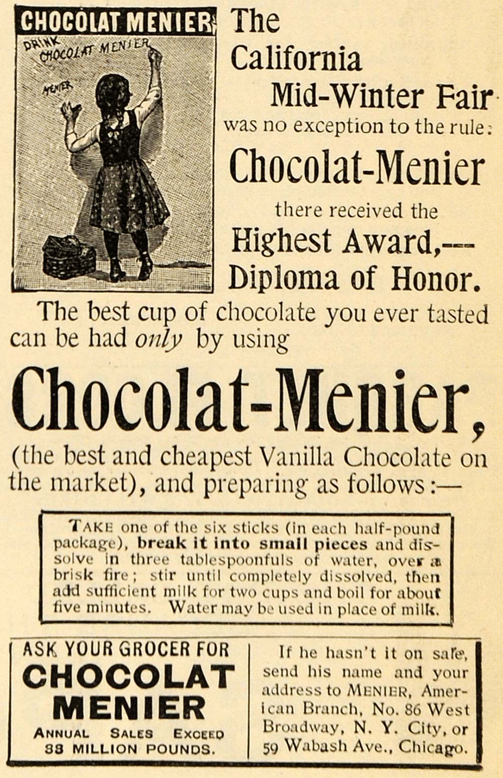 1895 Ad Chocolat Menier Vanilla Baking Chocolates Girl - ORIGINAL TFO1
