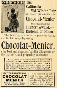 1895 Ad Chocolat Menier Vanilla Baking Chocolates Girl - ORIGINAL TFO1