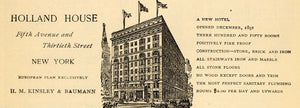1895 Ad Holland House Hotel Fifth Avenue New York Stone - ORIGINAL TFO1
