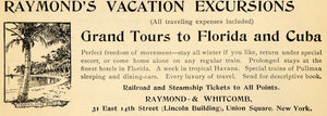 1895 Ad Raymond Whitcomb Vacations Tours Florida Cuba - ORIGINAL TFO1