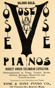 1895 Ad Vose Piano Instruments Little Girl Swinging - ORIGINAL ADVERTISING TFO1