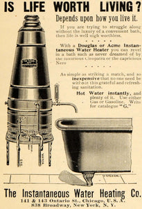1895 Ad Instantaneous Water Heating Douglas Acme Heater - ORIGINAL TFO1