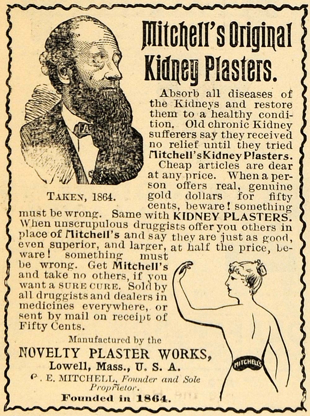 1895 Ad Novelty Plaster Works Mitchell's Kidney Patches - ORIGINAL TFO1