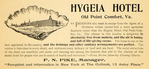 1895 Ad Hygeia Hotel Old Point Comfort Free Of Malaria - ORIGINAL TFO1