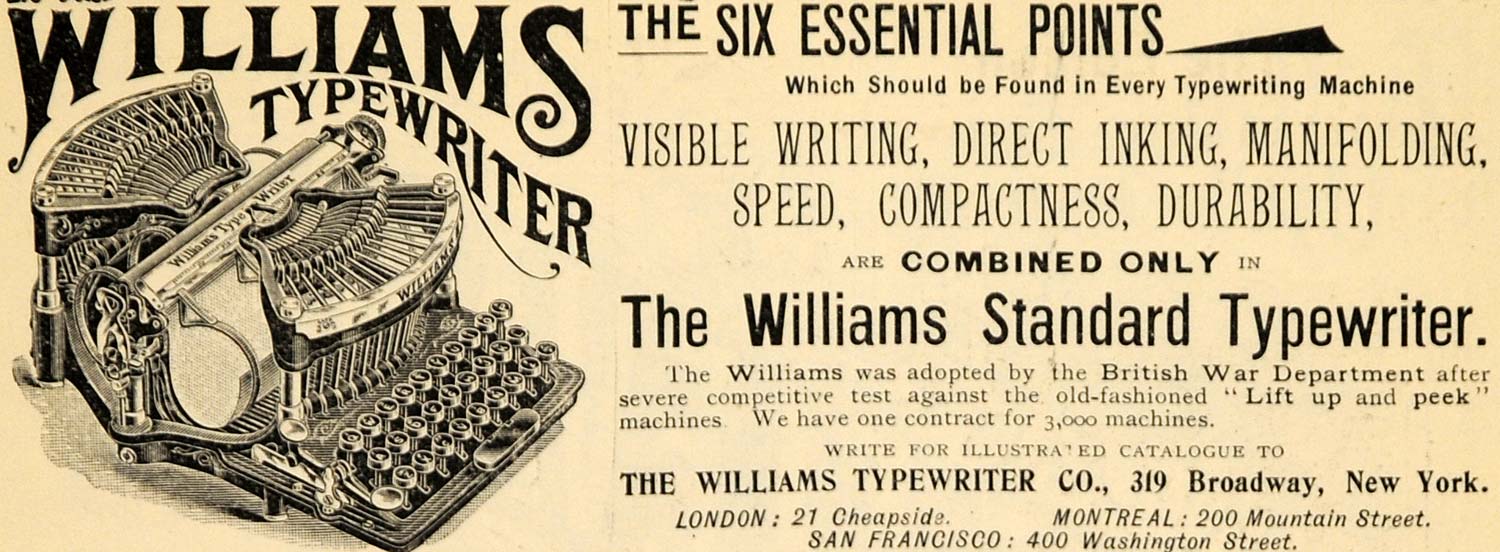 1895 Ad Williams Typewriters British War Department - ORIGINAL ADVERTISING TFO1