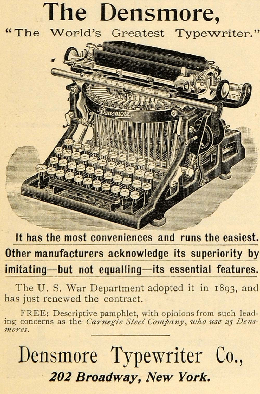 1895 Ad Densmore Typewriters US War Department Carnegie - ORIGINAL TFO1