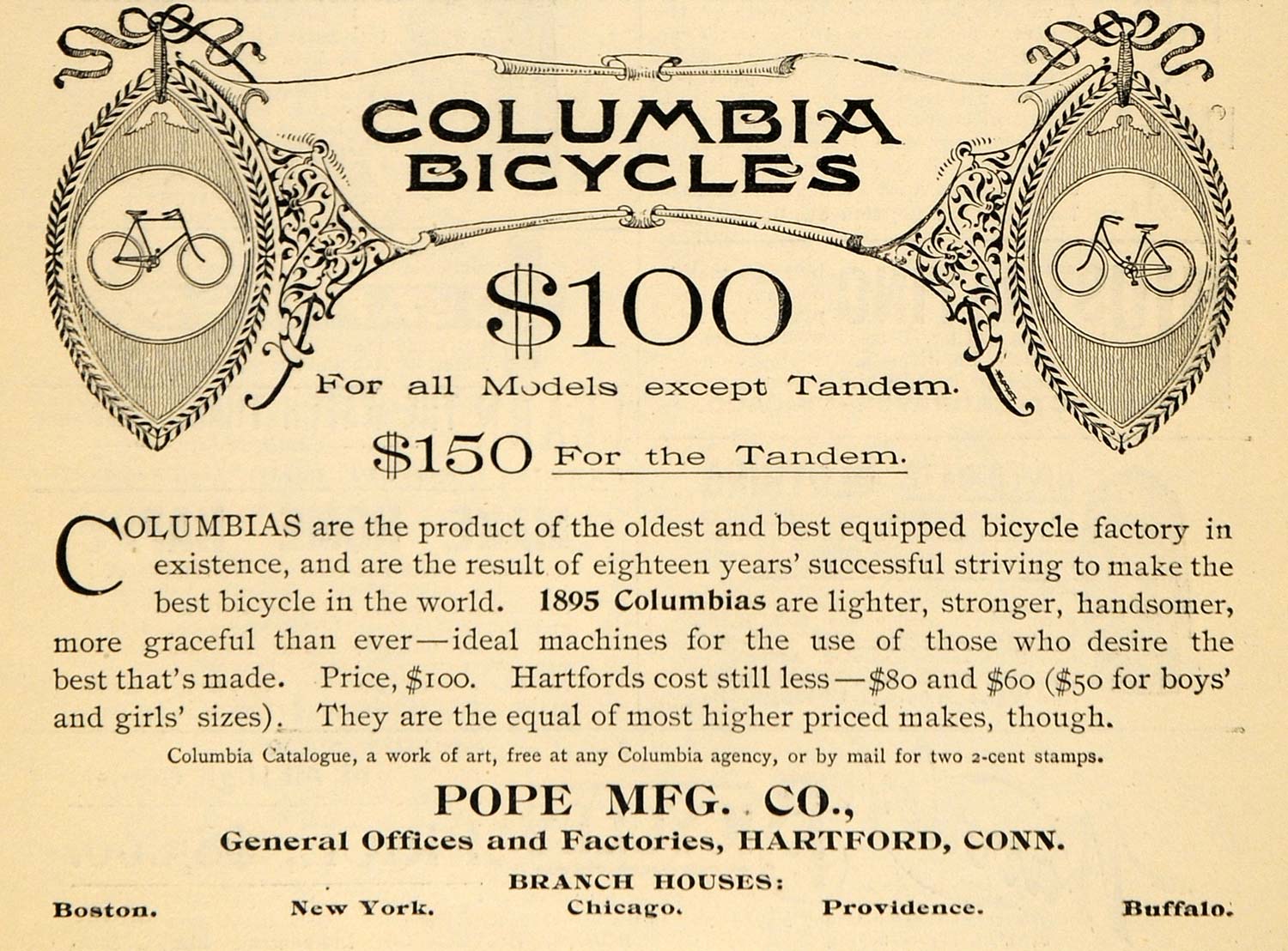 1895 Ad Pope Manufacturing Columbia Bicycles Hartford - ORIGINAL TFO1