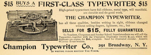 1895 Ad Champion Fully Guaranteed Typewriting Machines - ORIGINAL TFO1