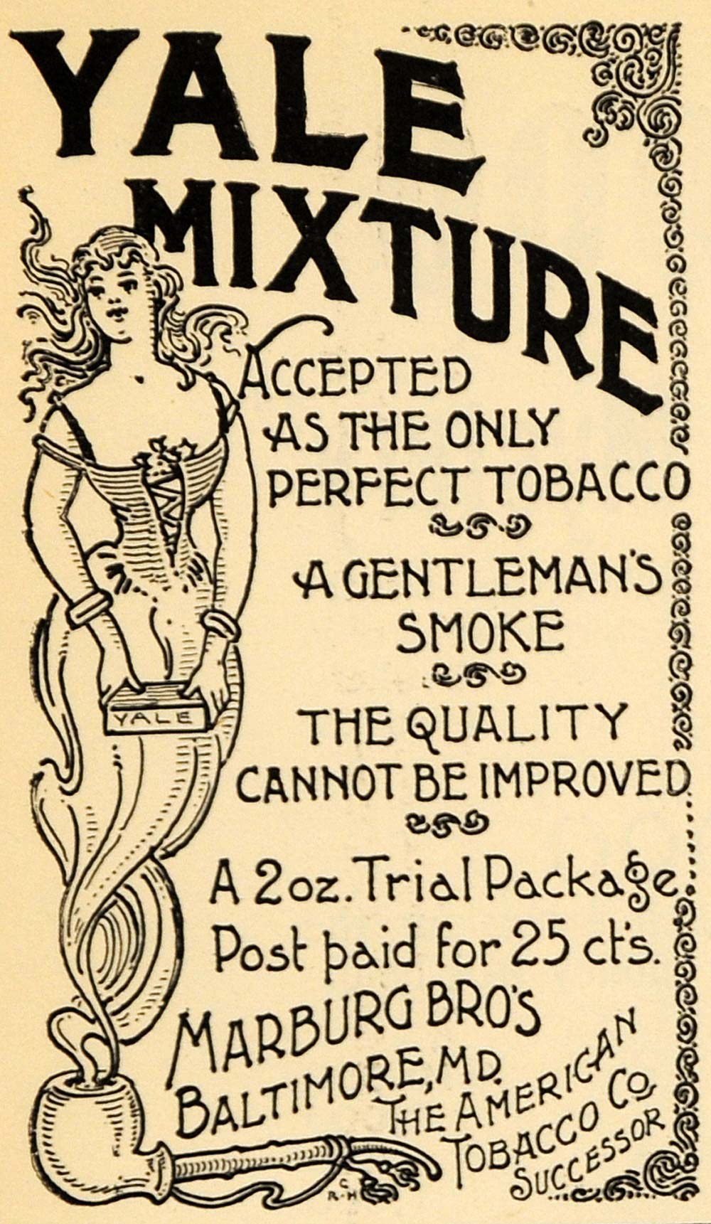 1895 Ad Marburg American Tobacco Yale Smoker Mixture - ORIGINAL ADVERTISING TFO1