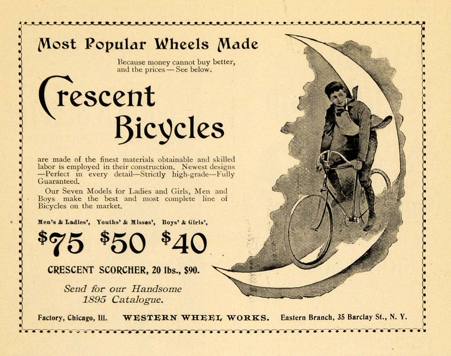 1895 Ad Crescent Bicycles Moon Wheels Seven Models Bike - ORIGINAL TFO1