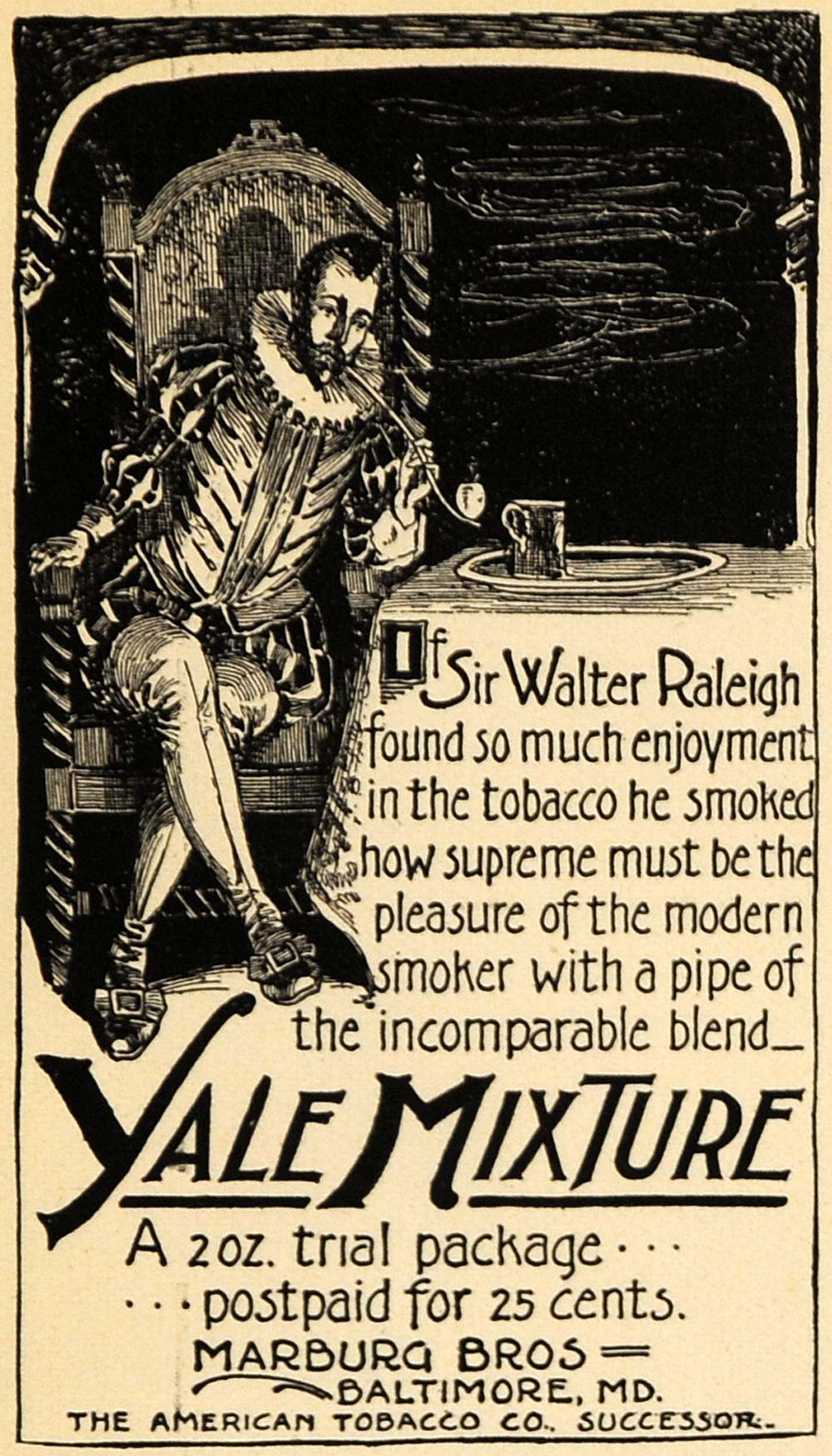1895 Ad Yale Mixture Walter Raleigh Tobacco Pipe Smoke - ORIGINAL TFO1