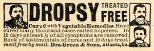 1895 Ad Dropsy Treatment Vegetable Remedies Cures Green - ORIGINAL TFO1