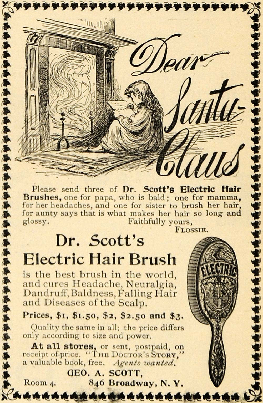 1895 Ad Scott Electric Hair Brush Headache Baldness Art - ORIGINAL TFO1 - Period Paper
