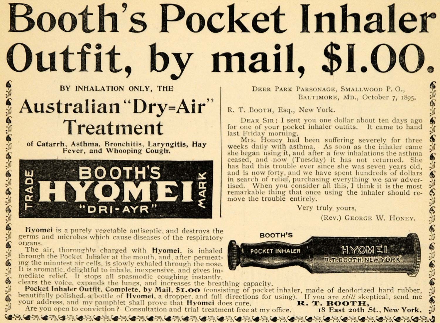 1895 Ad Pocket Inhaler Australian Treatment Hyomei Dri - ORIGINAL TFO1