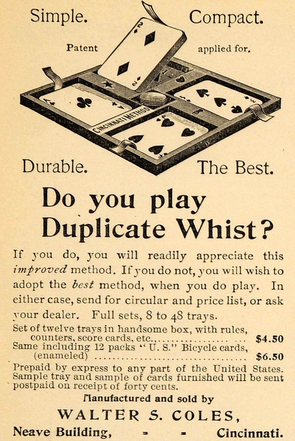 1895 Ad Duplicate Whist Card Game Compact Method Play - ORIGINAL TFO1