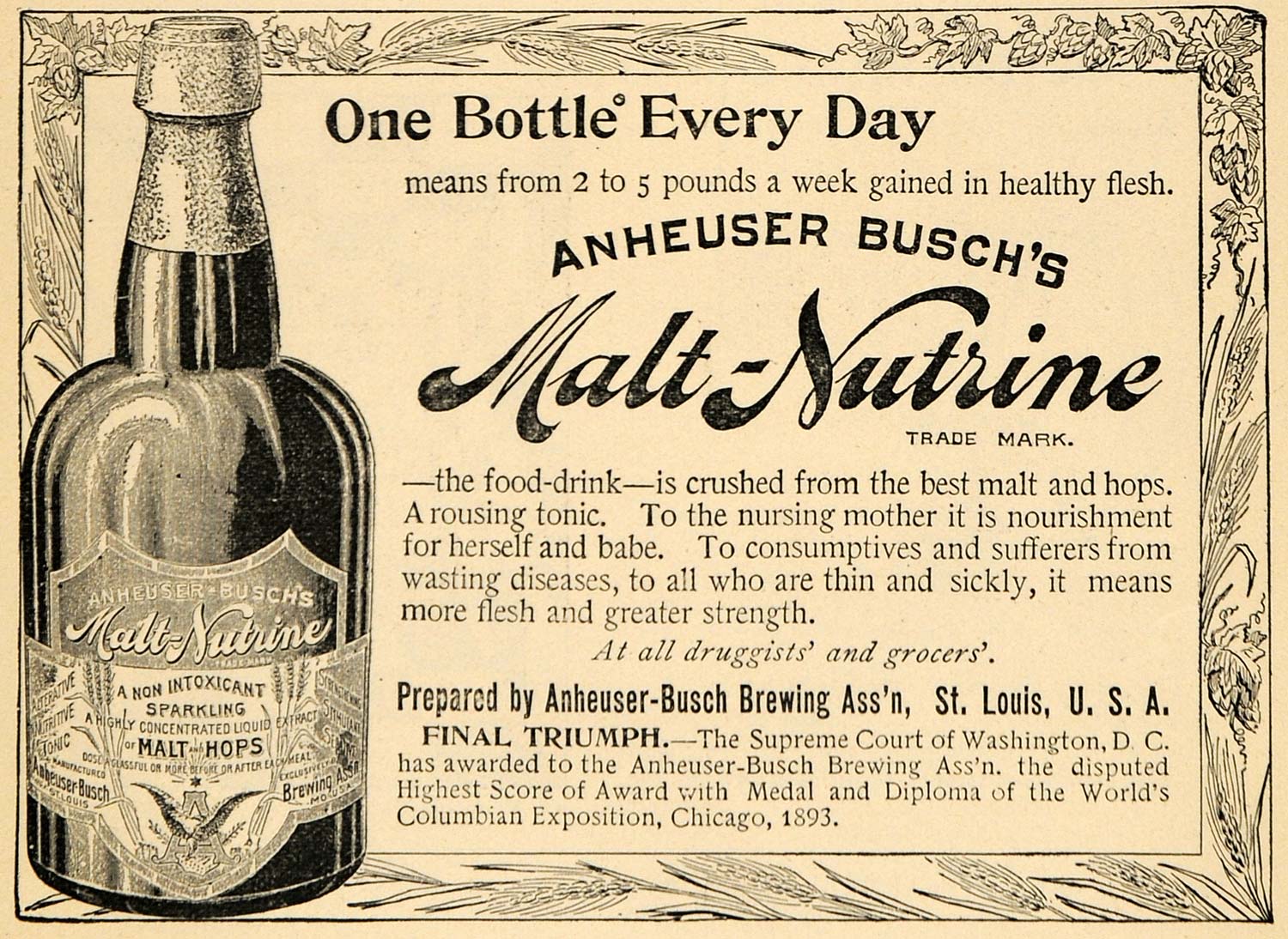 1895 Ad Malt-Nutrine Bottle Hops Weight Gain Sparkling - ORIGINAL TFO1