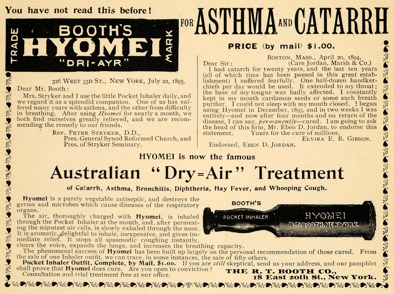 1895 Ad R T Booth Co Hyomei Dri-Ayr Vegetable Inhaler - ORIGINAL TFO1