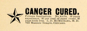 1895 Ad Cancer Sanitarium L D McMichael Masonic Temple - ORIGINAL TFO1