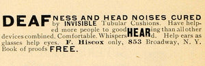 1895 Ad Deaf Head Noise Cure Tubular Cushions F Hiscox - ORIGINAL TFO1