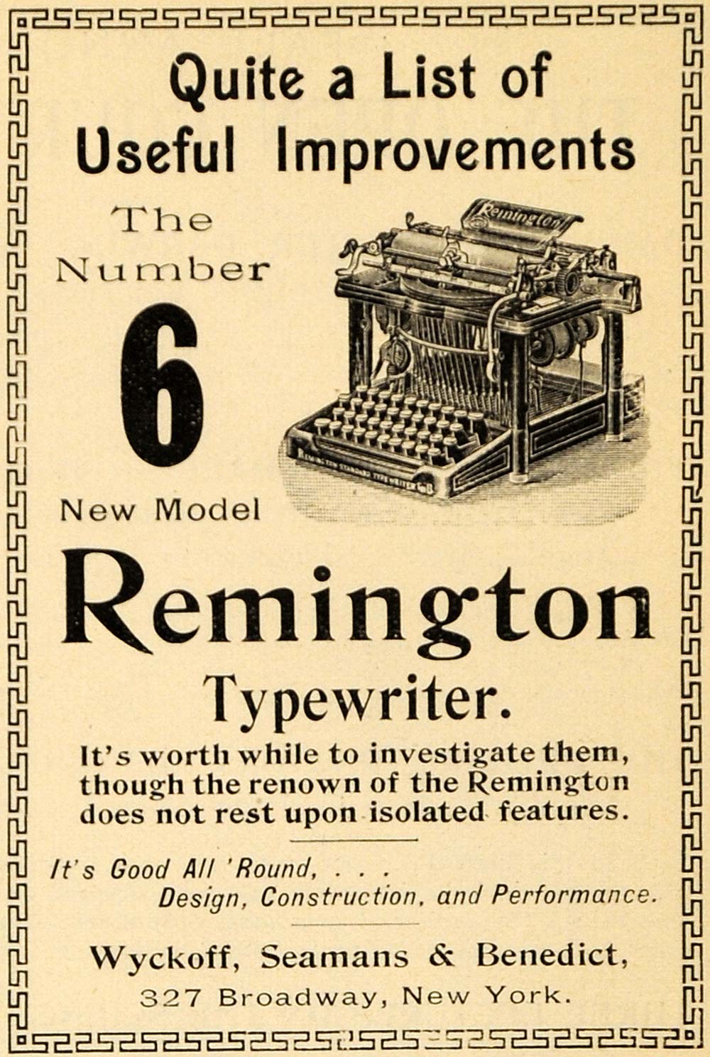1895 Ad Number 6 Remingotn Typewriter Wyckoff Seamans - ORIGINAL TFO1