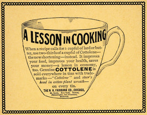 1895 Ad Cook Lesson Cottolene Shortening N K Fairbank - ORIGINAL TFO1