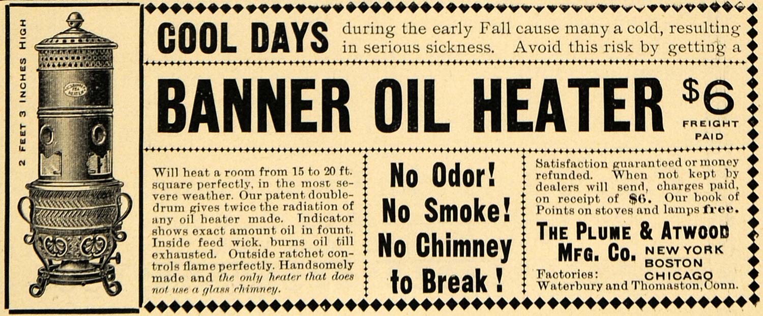1895 Ad Banner Oil Heater Plume & Atwood Manufacturing - ORIGINAL TFO1
