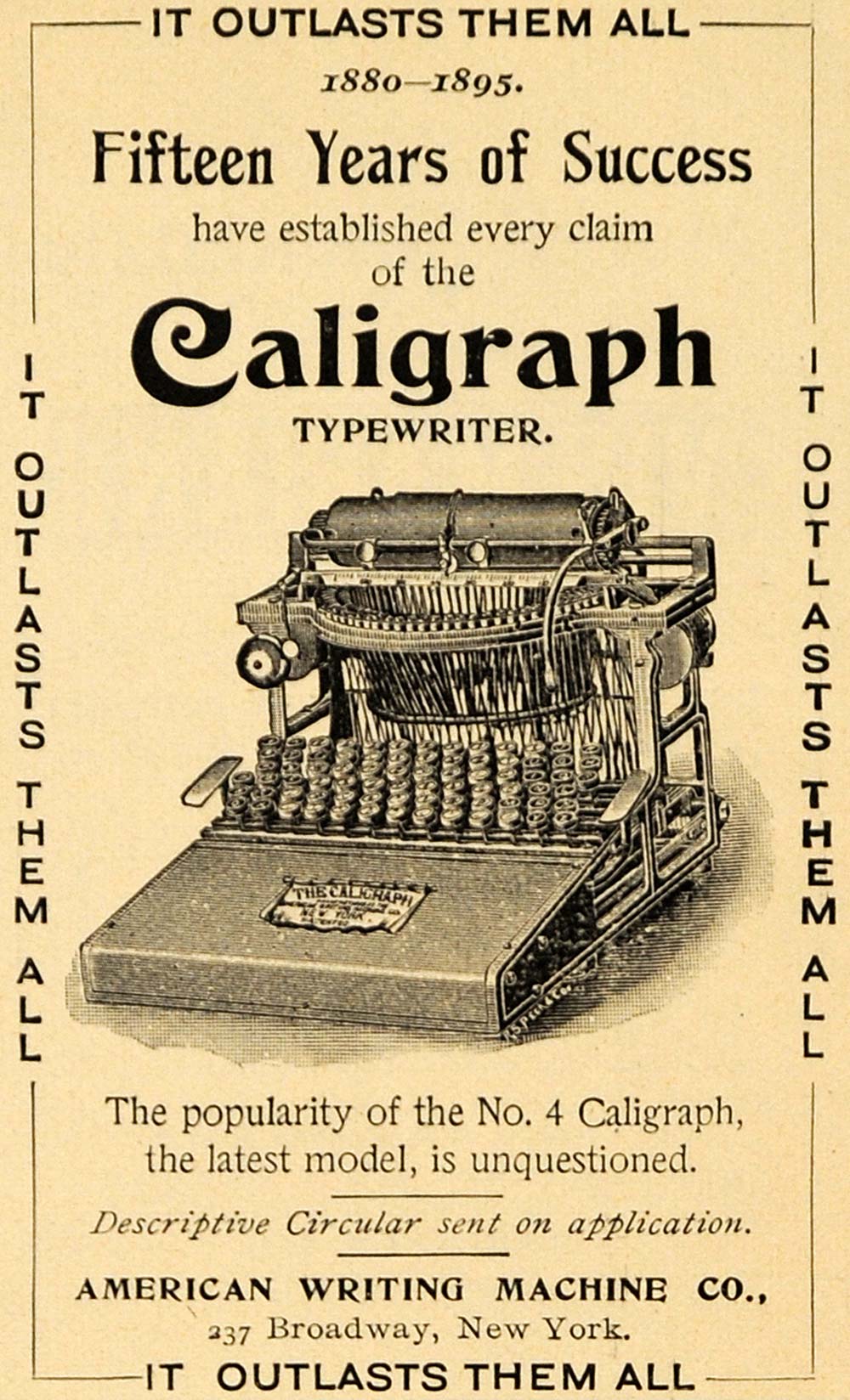 1895 Ad Caligraph Typewriter American Writing Machine - ORIGINAL TFO1