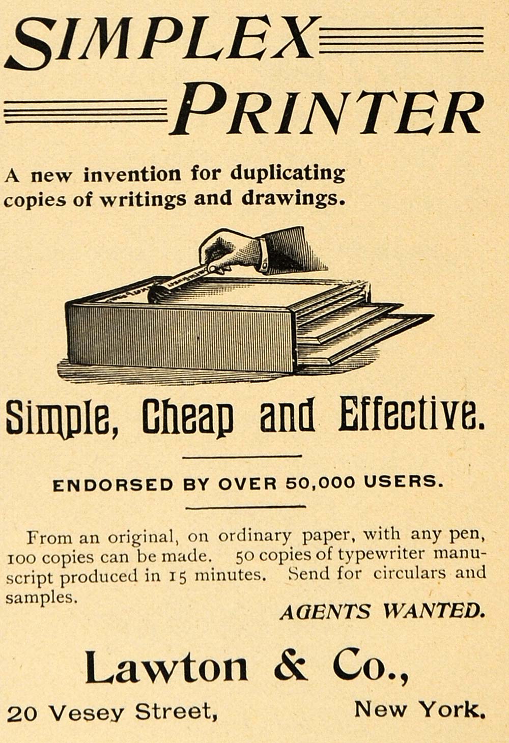 1895 Ad Simplex Printer Lawton & Company Paper Copier - ORIGINAL TFO1