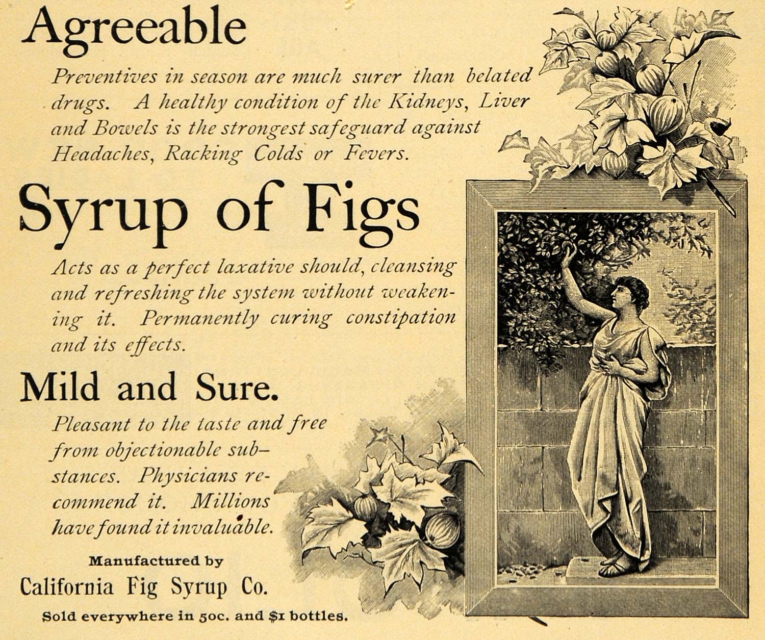 1895 Ad Laxative Cold Fever California Fig Syrup Co - ORIGINAL ADVERTISING TFO1