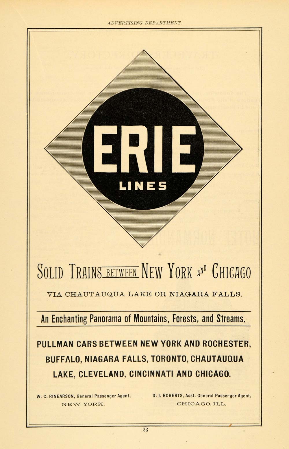 1891 Ad Erie Railway Lines Pullman Cars W. C. Rinearson - ORIGINAL TFO1