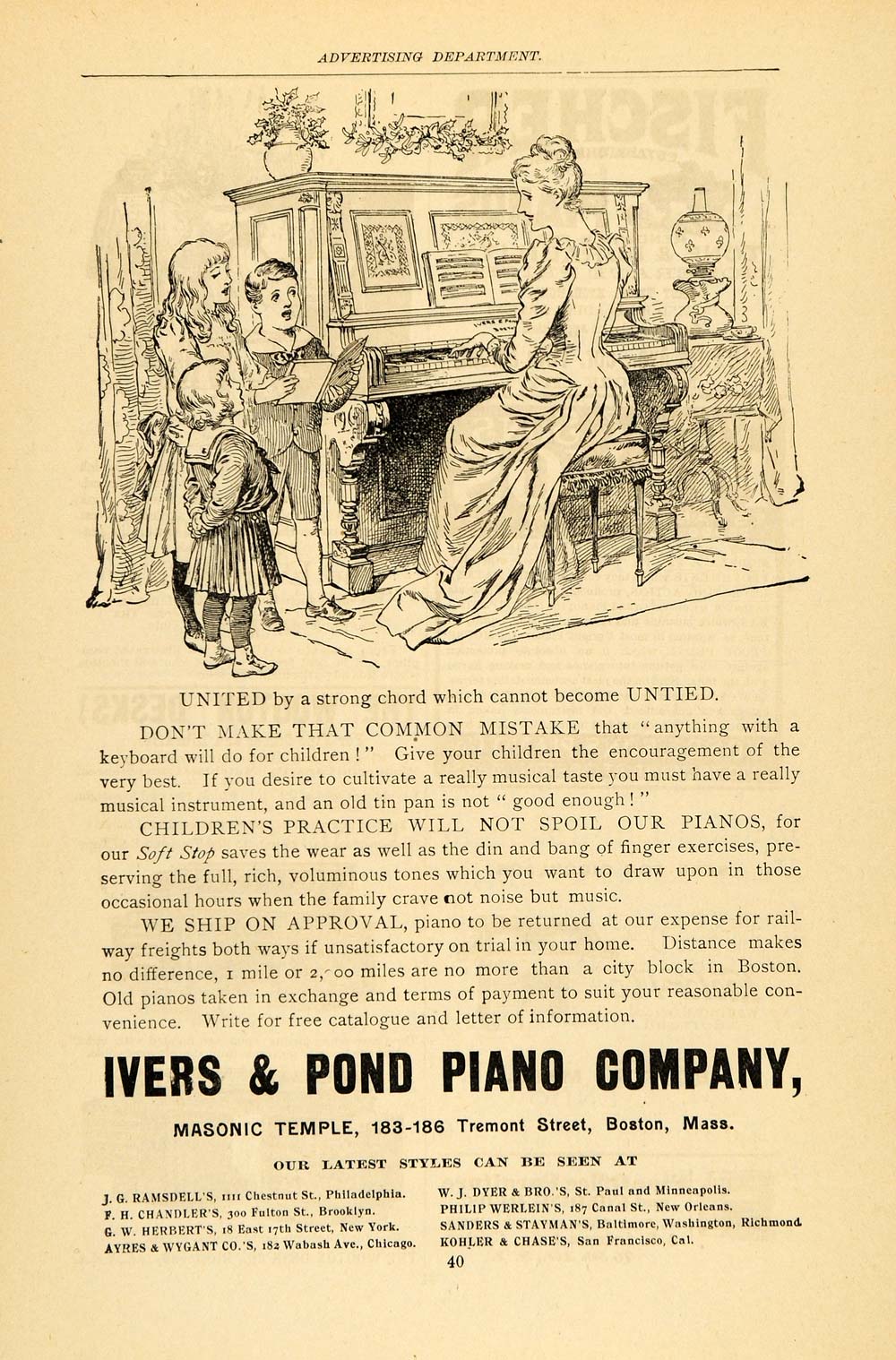 1891 Ad Ivers Pond Piano Children's Practice Boston - ORIGINAL ADVERTISING TFO1