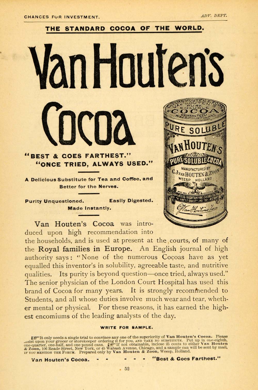 1891 Ad Zoon and Van Houten's Cocoa Tin for Students - ORIGINAL ADVERTISING TFO1