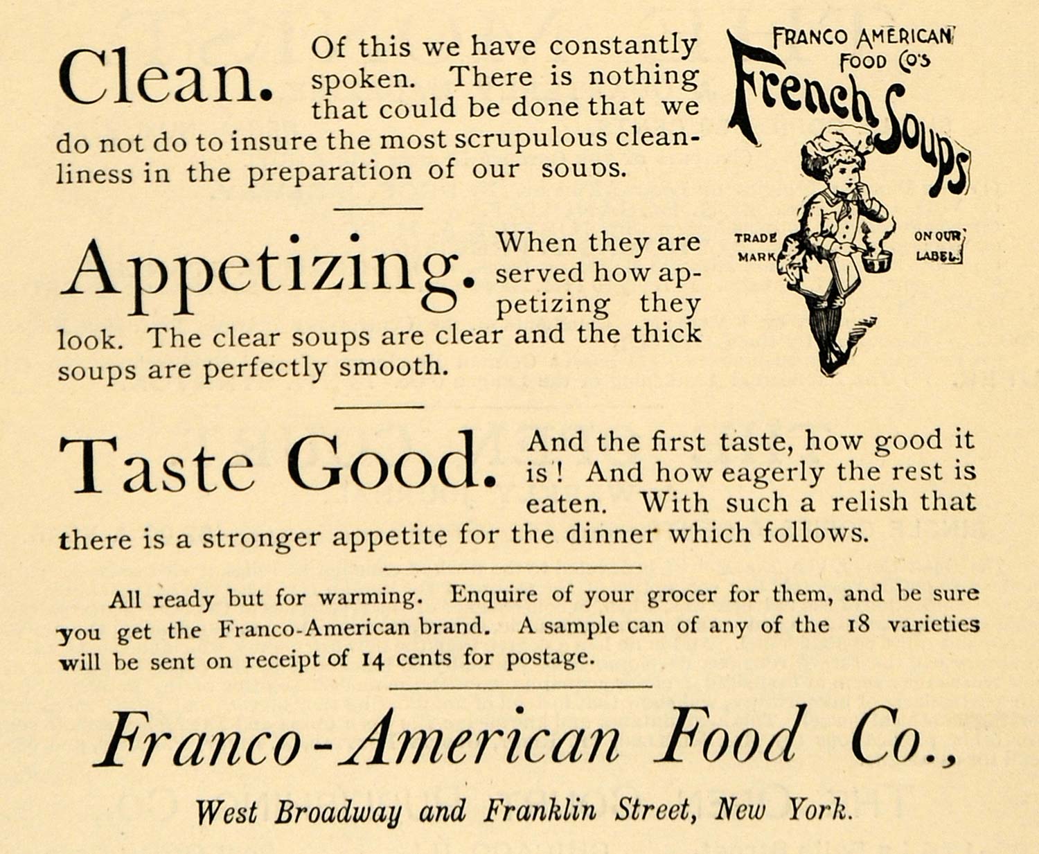 1891 Ad Franco-American Food Clean French Soups NY - ORIGINAL ADVERTISING TFO1