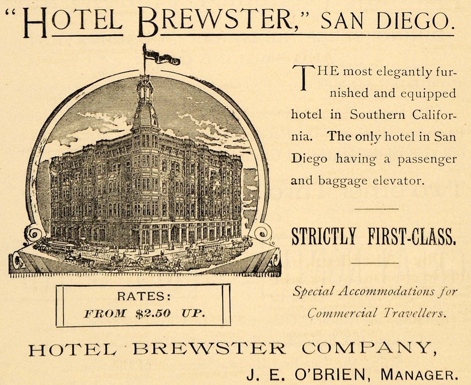 1891 Ad San Diego CA Hotel Brewster J. E. O'Brien Rates - ORIGINAL TFO1