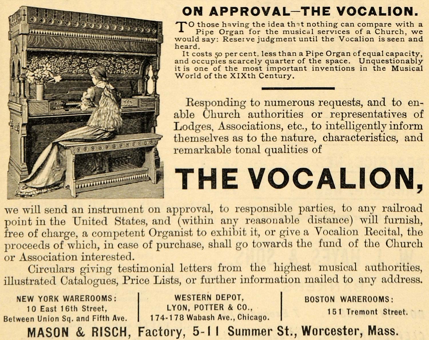 1891 Ad Vocalion Pipe Organ Churches Mason Risch Mass - ORIGINAL TFO1